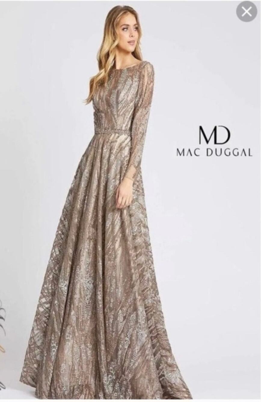 Mac Duggal 79261 elegant evening gown sequin long sleeve gown mocha NWT Size 12
